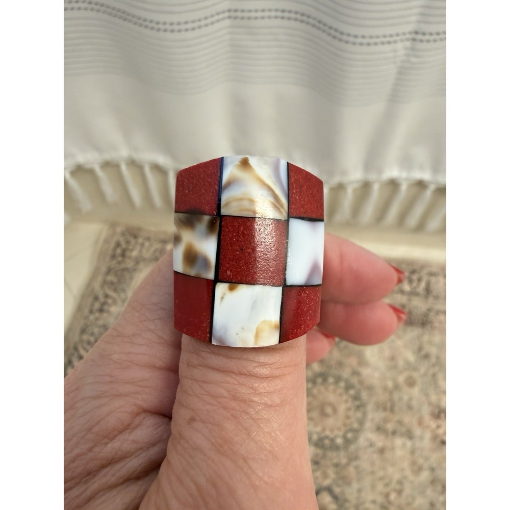 Horn Artisan Mosaic Statement L 8.5 Ring Red White Blk Inlay Geometric Cocktail - Picture 5 of 12